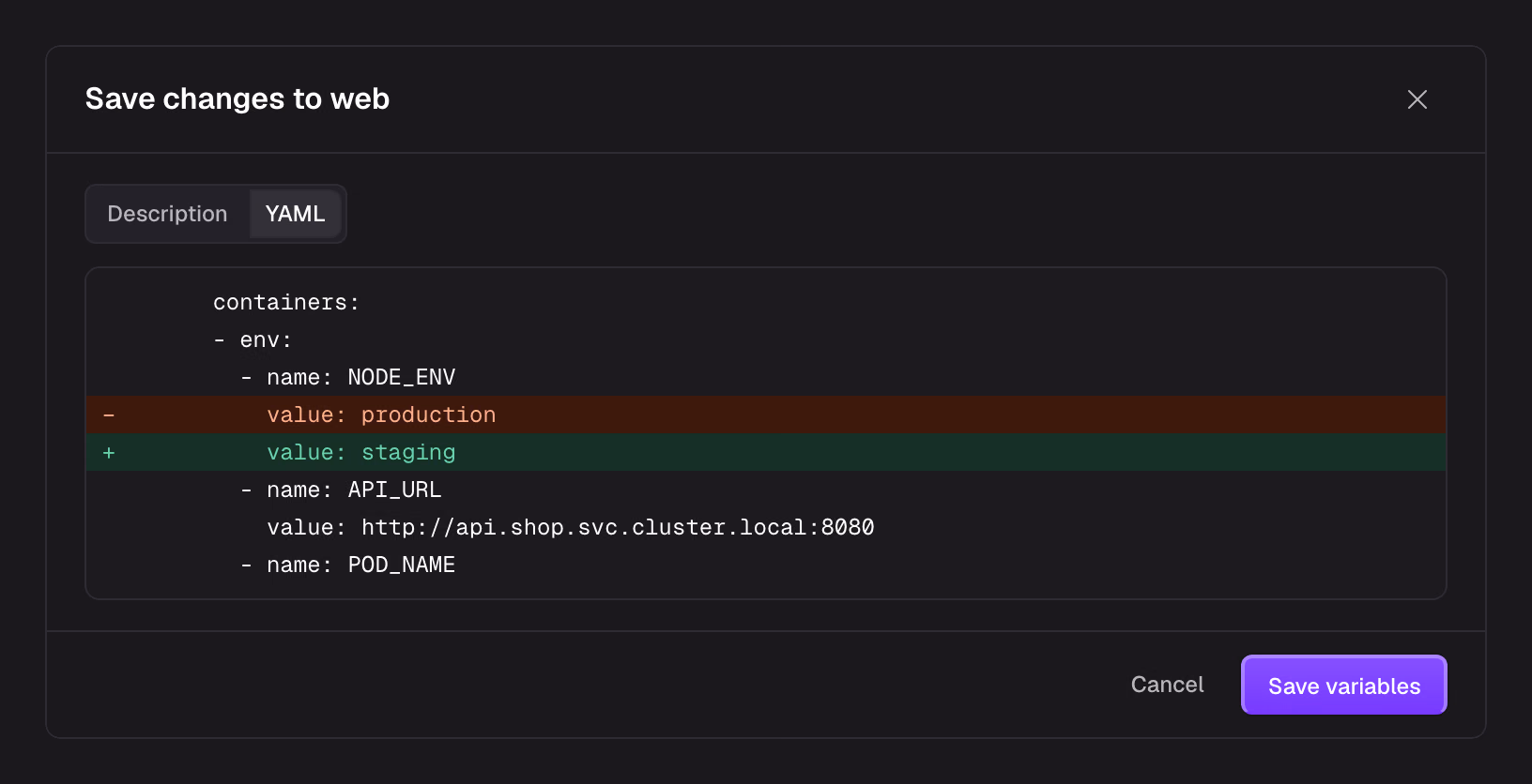 Checking a change to web before saving: its 2 replicas are replaced one at a time with no downtime, and there is room for it