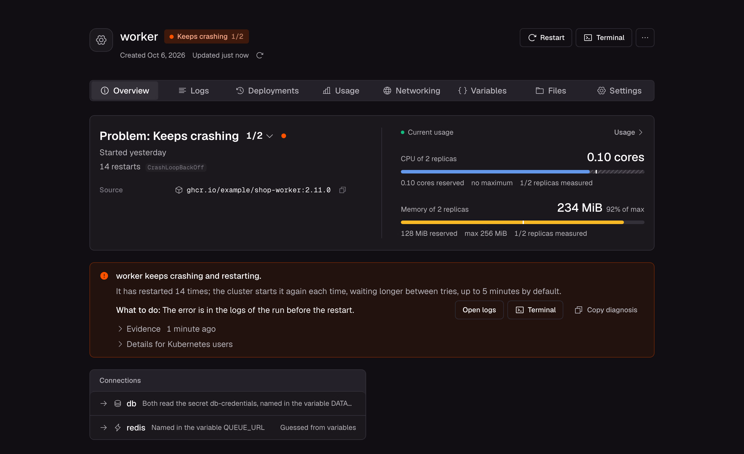 worker has restarted 14 times. The error is in the logs of the run before the restart, and the button to open them is right there.