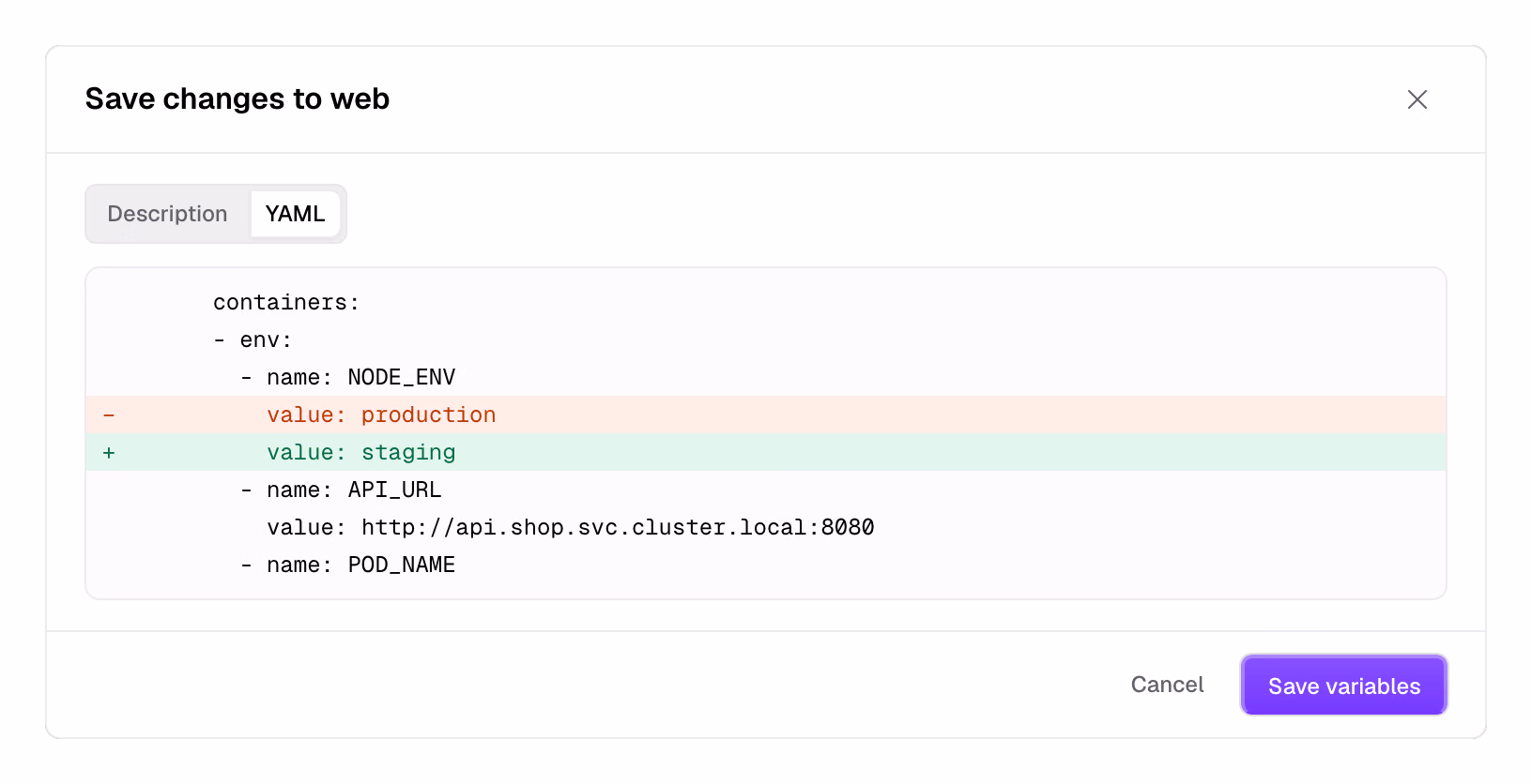 Checking a change to web before saving: its 2 replicas are replaced one at a time with no downtime, and there is room for it