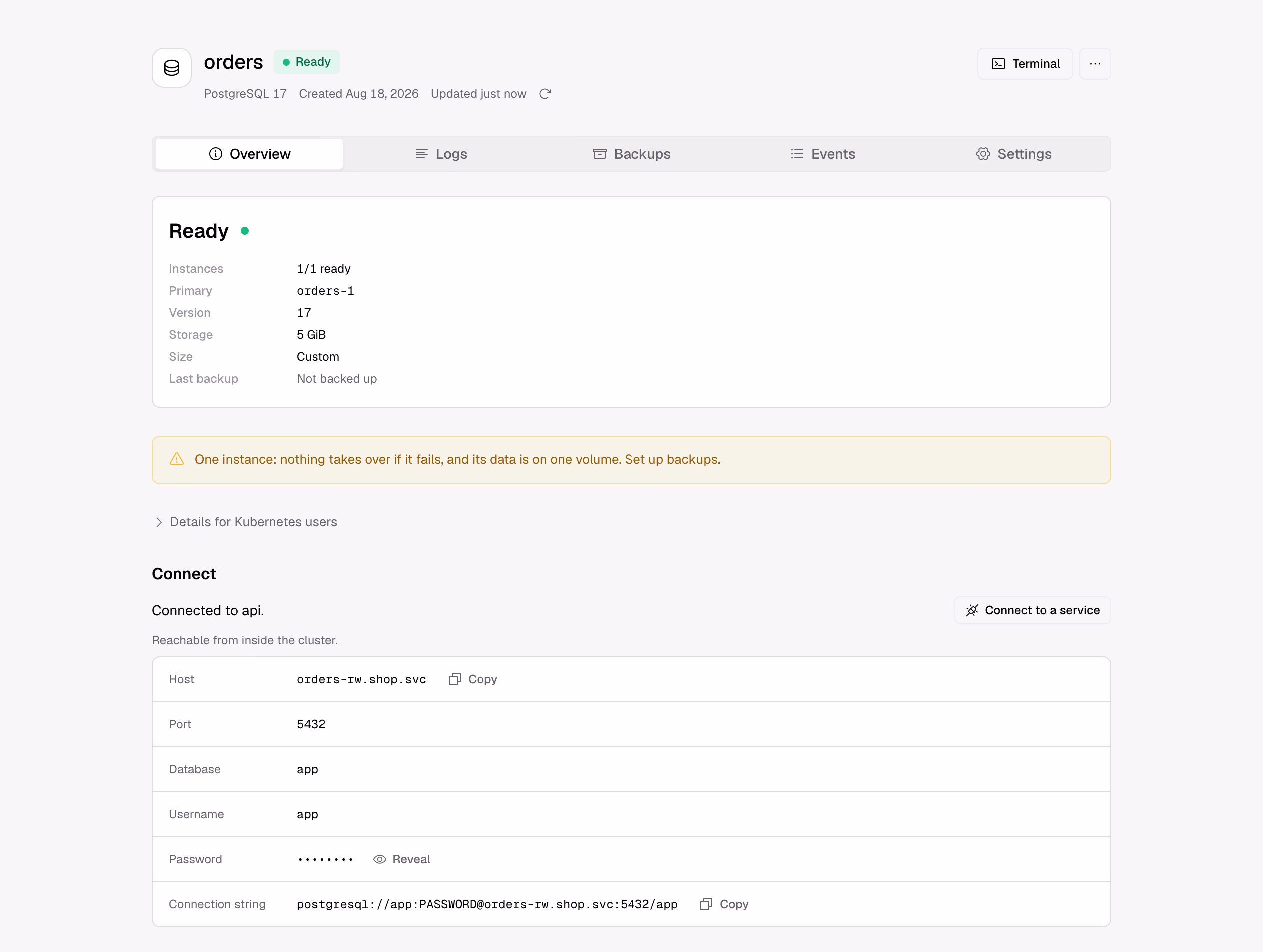 A PostgreSQL database with one instance. Nothing takes over if it fails, so Zeabur asks you to set up backups.