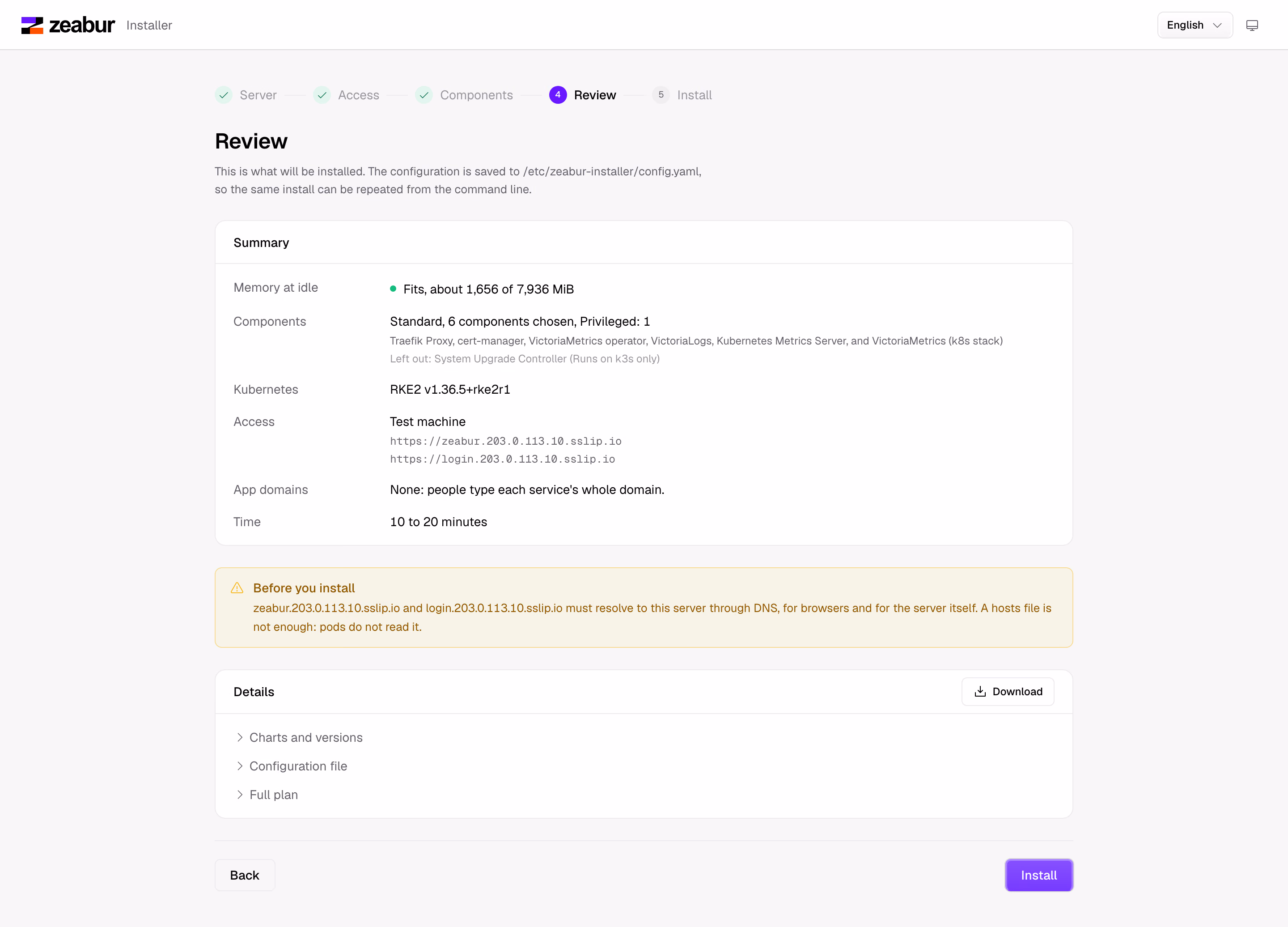Zeabur Installer's review step before installing: whether memory is enough, which components go in, and how long it takes.