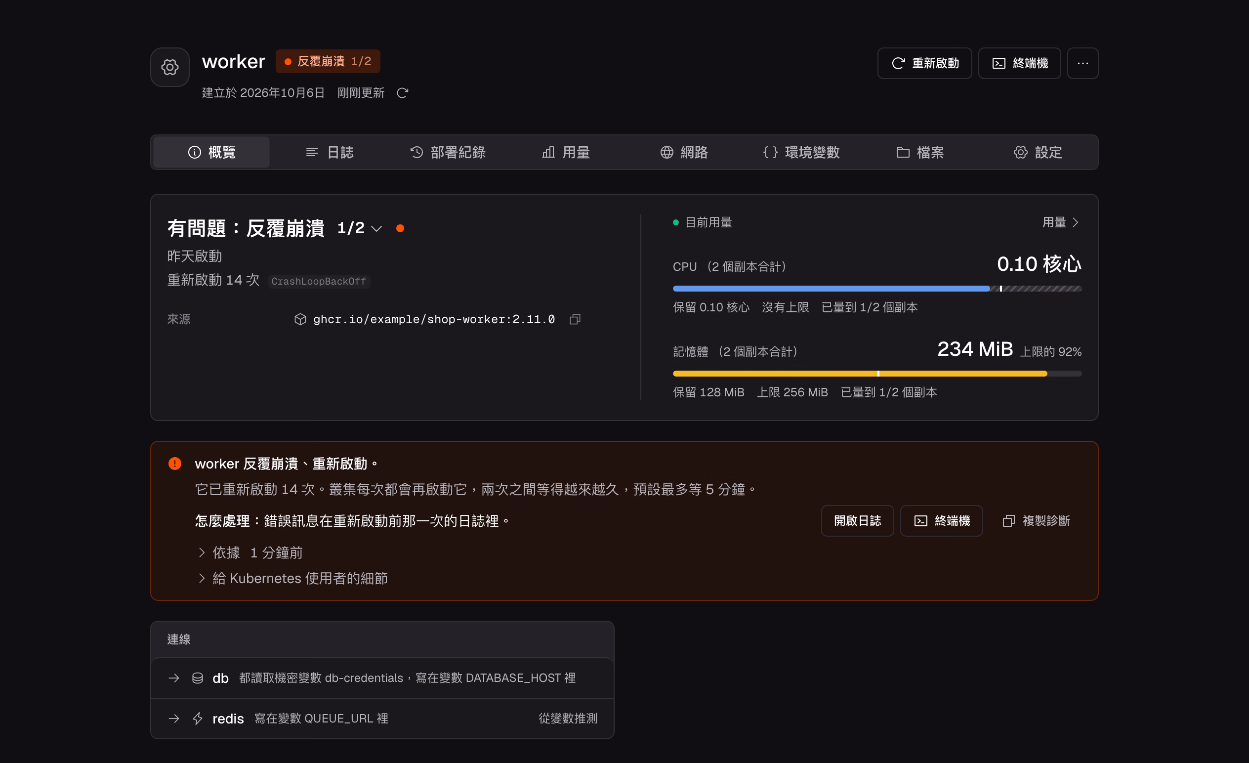 worker 重新啟動了 14 次。錯誤在重新啟動前那一次的記錄裡,旁邊就是開啟記錄的按鈕。