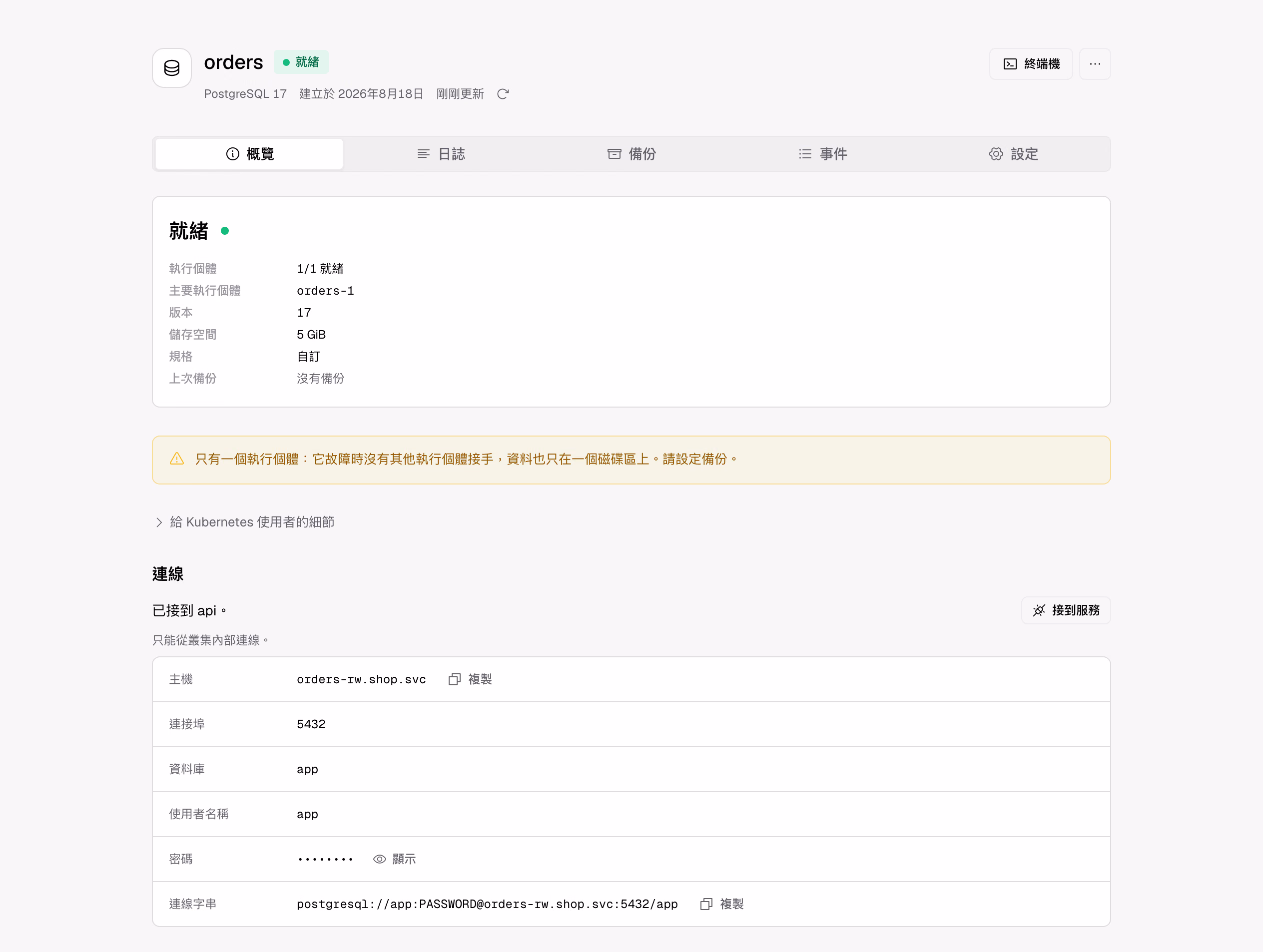 只有一個執行個體的 PostgreSQL。它故障時沒有其他執行個體接手,所以 Zeabur 提醒你設定備份。