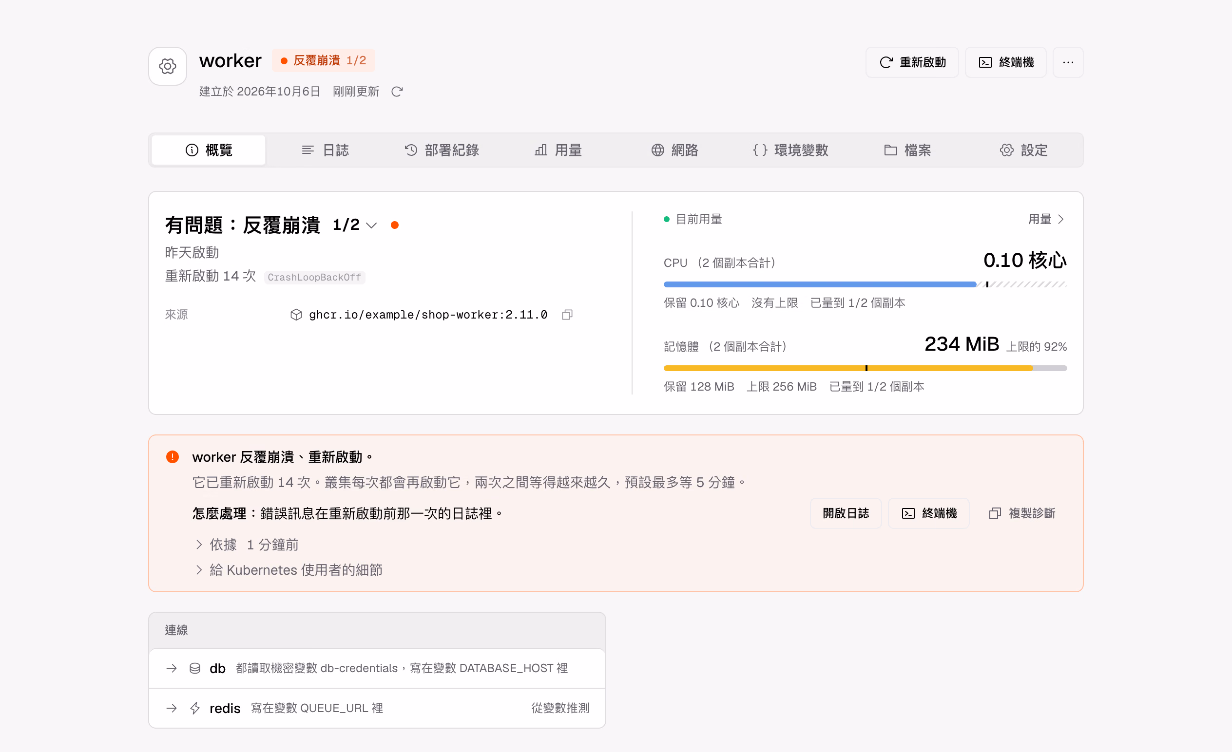 worker 重新啟動了 14 次。錯誤在重新啟動前那一次的記錄裡,旁邊就是開啟記錄的按鈕。